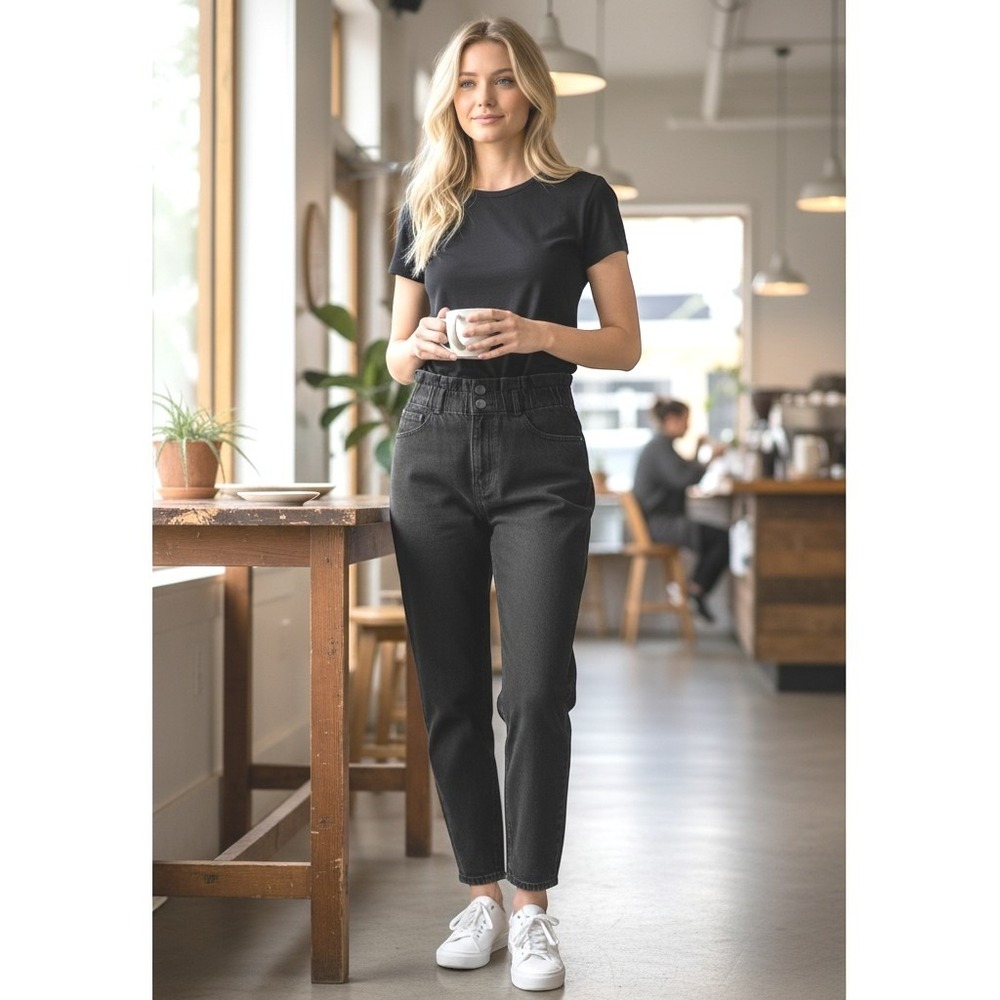 Levis High Waisted Tapered Mom Jeans Washed Black Elastic Paperbag Waist 30 26
